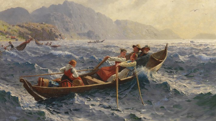 Hans Dahl - Stormy Crossing of the Fjord. Desktop wallpaper