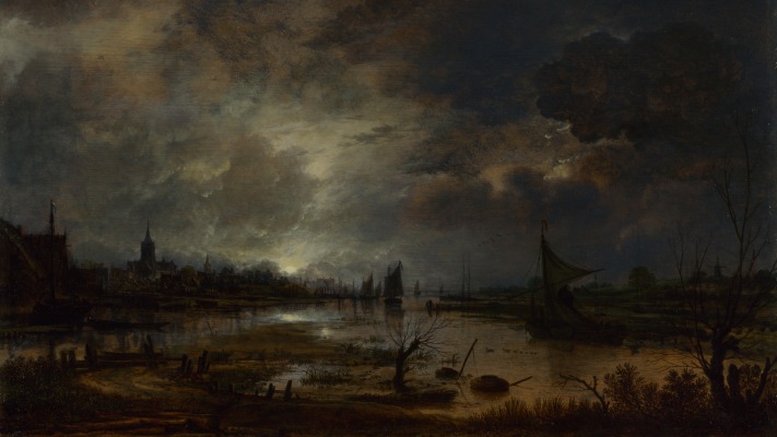 Aert van der Neer - A River near a Town, by Moonlight. Desktop wallpaper