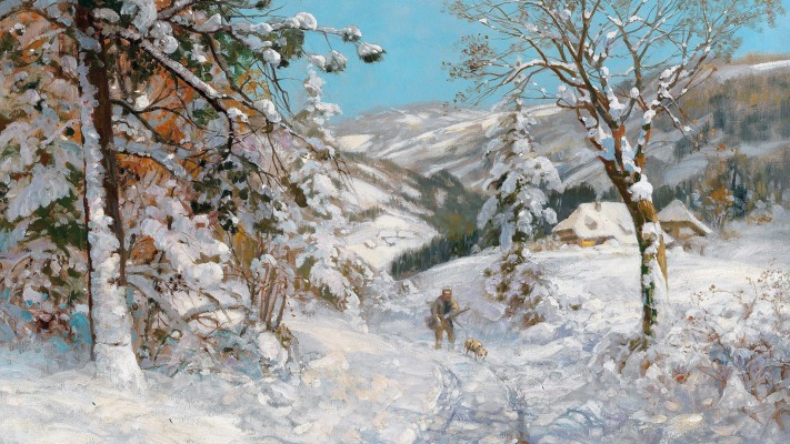 Alois Arnegger - Hunter in a Winter Woodland. Desktop wallpaper