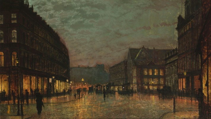 John Atkinson Grimshaw - Boar Lane Leeds by Lamplight. Desktop wallpaper