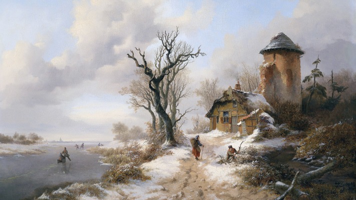 Frederik Marinus Kruseman - A winter landscape with wood faggots. Desktop wallpaper
