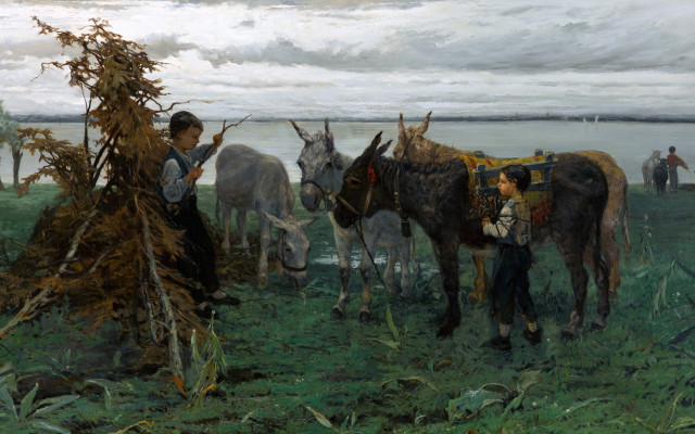 Willem Maris - Boys herding donkeys. Desktop wallpaper